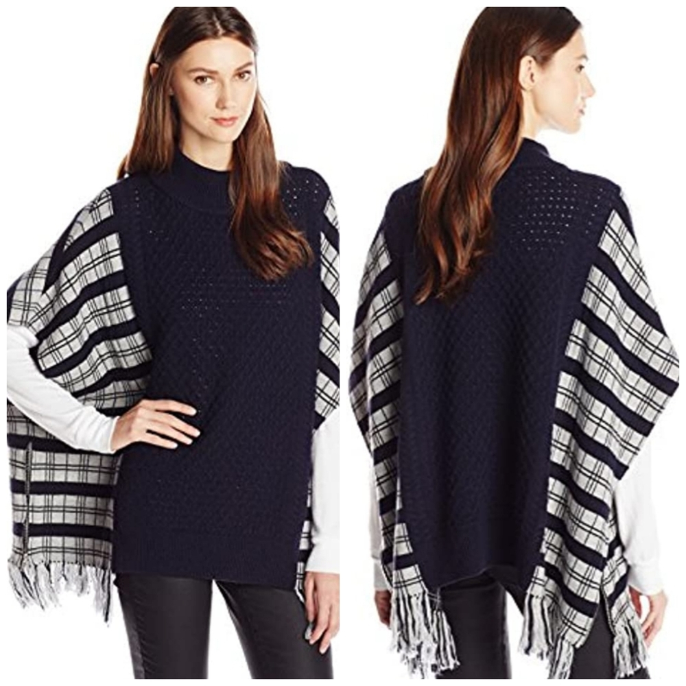 French Connection blue/plaid wool blend ponco L